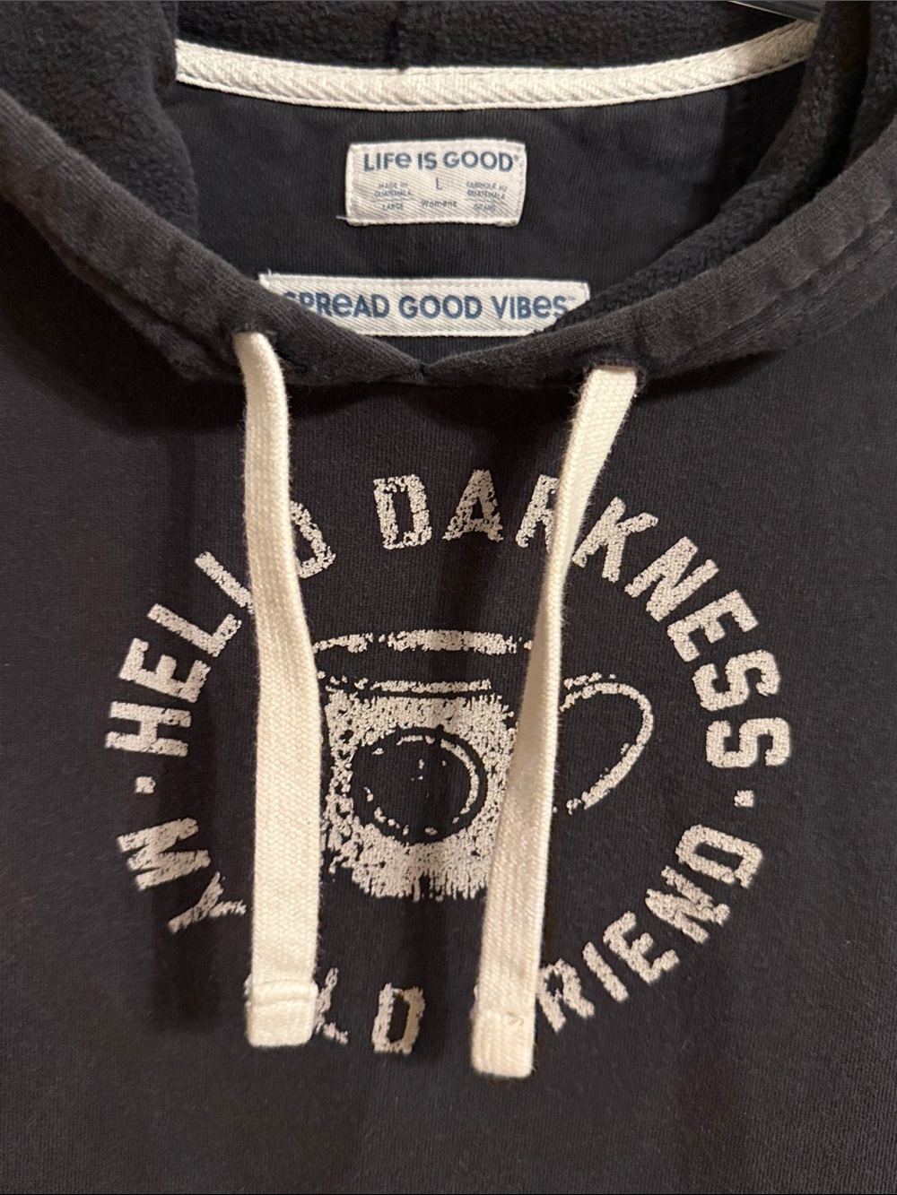 Life is Good "Hello Darkness My Old Friend" Hoodie Washed Black Women’s Sz Large - Picture 3 of 11